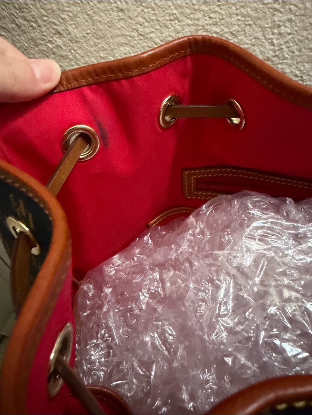 Dooney & Bourke Gretta Navy and Brown Monogram Drawstring Bucket Bag - Picture 13 of 14